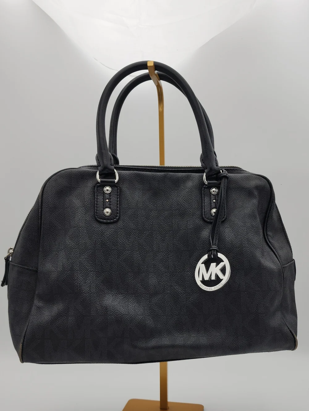Michael Kors Black Pebbled Leather Satchel with Silver MK Charm